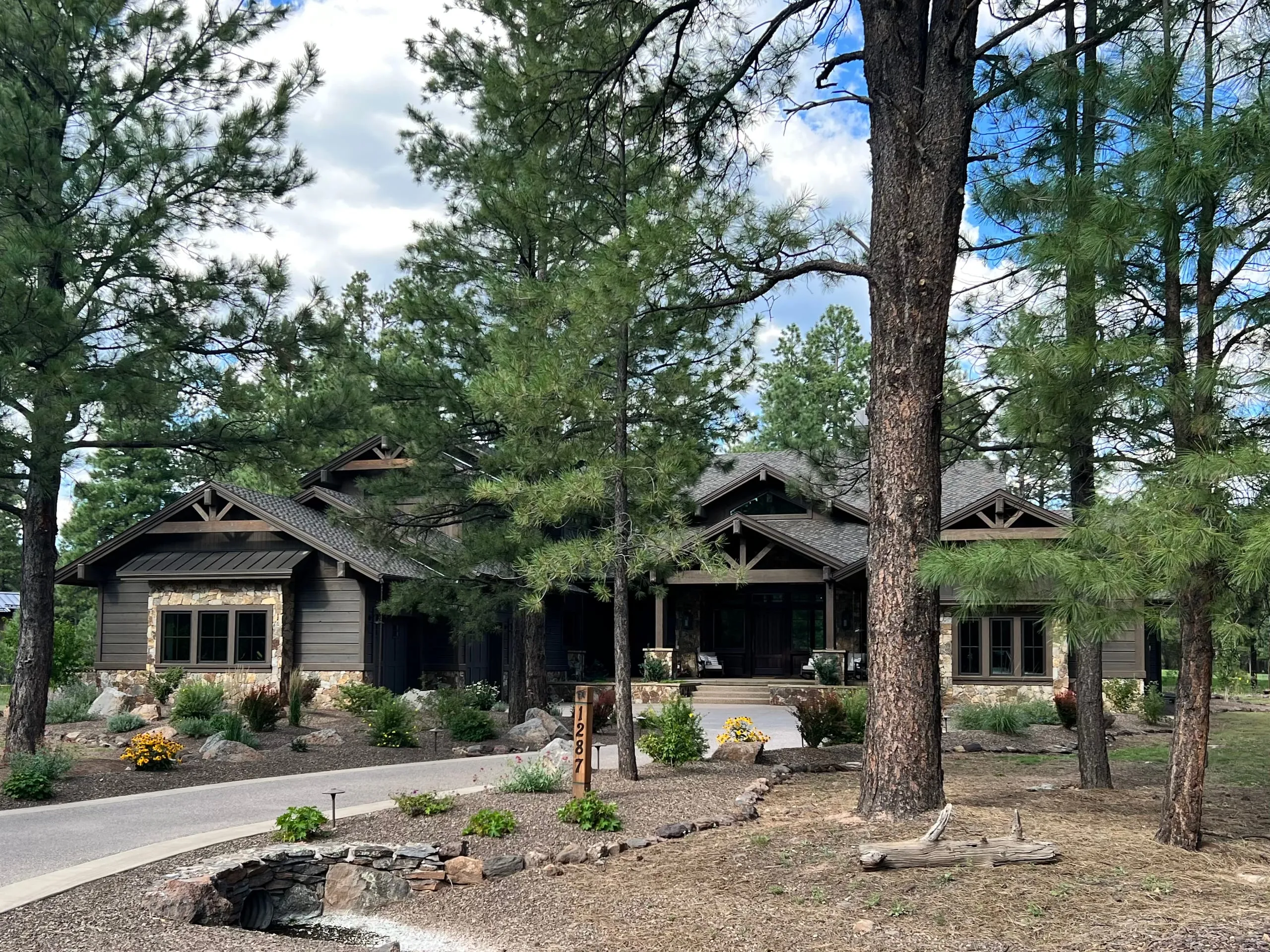 Dark-sided mountain home set among pines behind a landscaped drive