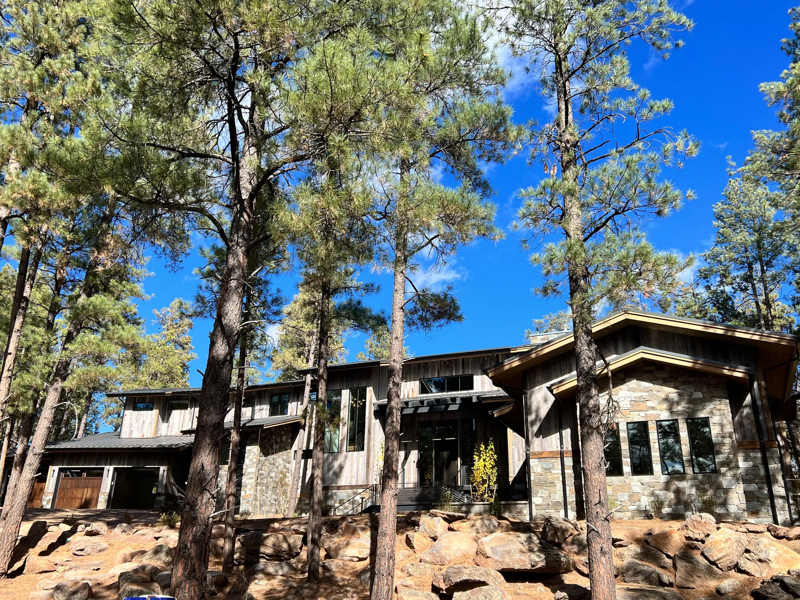 Dark-sided home with stone accents behind tall ponderosa pines